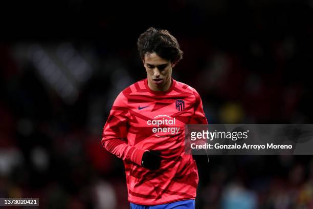Joao Felix of Atletico de Madrid leaves the pitch after warming up before the LaLiga Santander match between Club Atletico de Madrid and RC Celta de...