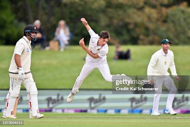 Marco Jansen of South Africa bowls during day three of the Second Test Match in the series between New Zealand and South Africa at Hagley Oval on...