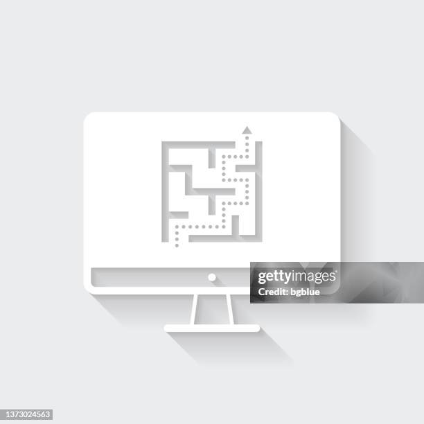 desktop computer with maze. icon with long shadow on blank background - flat design - simple maze stock illustrations