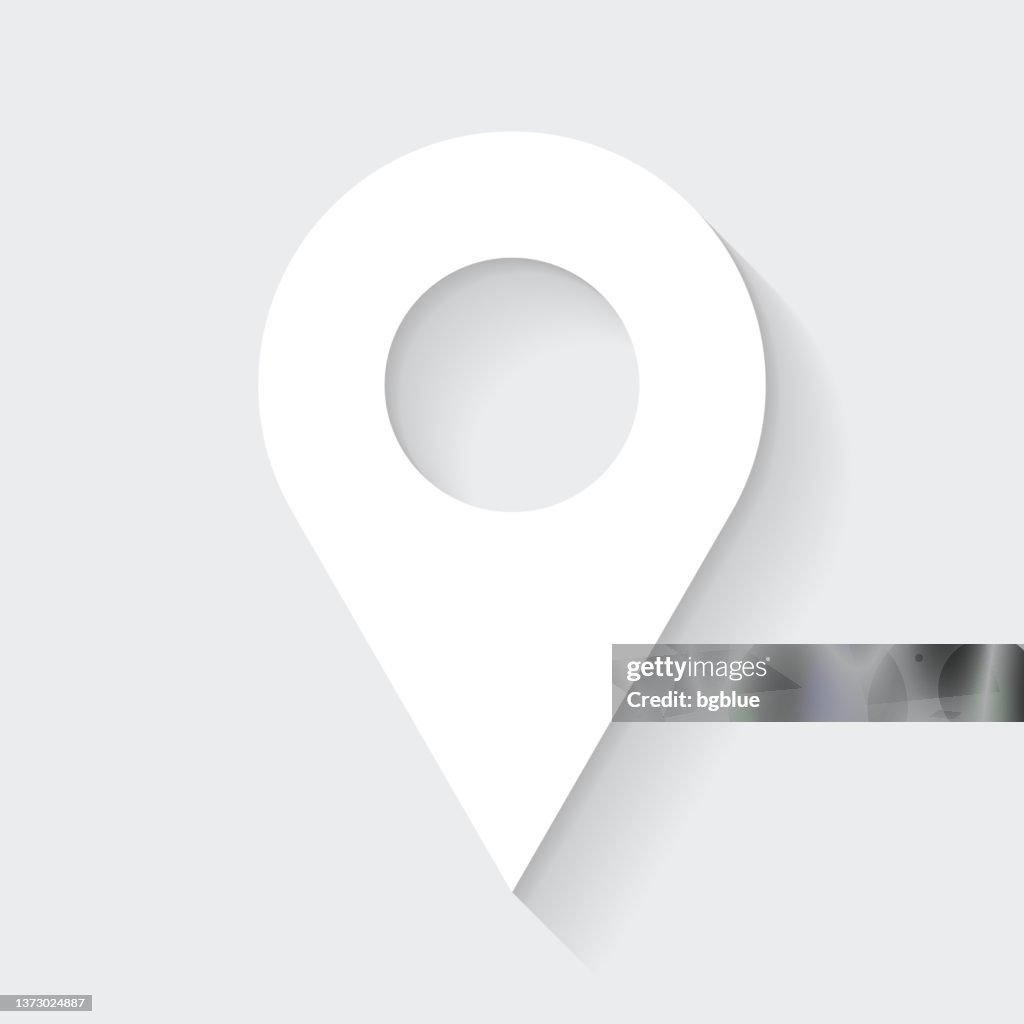 Karten-Pin. Icon mit langem Schatten auf leerem Hintergrund - Flat Design