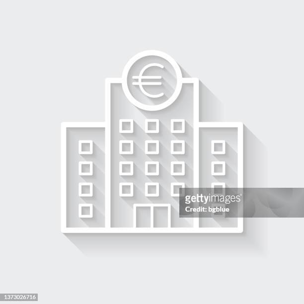 bank with euro sign. icon with long shadow on blank background - flat design - banking sign stock illustrations