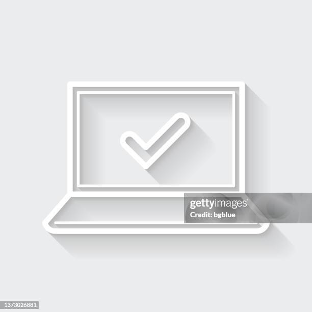 laptop with check mark. icon with long shadow on blank background - flat design - behind computer screen stock illustrations