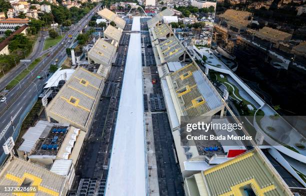 An aerial view of the empty Marquês de Sapucaí Sambadrome as Carnival celebrations were postponed to April due to the outbreak of the coronavirus...