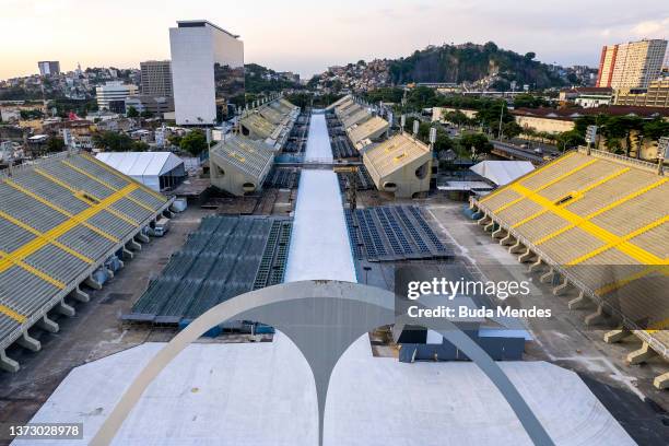 An aerial view of the empty Marquês de Sapucaí Sambadrome as Carnival celebrations were postponed to April due to the outbreak of the coronavirus...