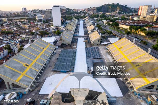 An aerial view of the empty Marquês de Sapucaí Sambadrome as Carnival celebrations were postponed to April due to the outbreak of the coronavirus...