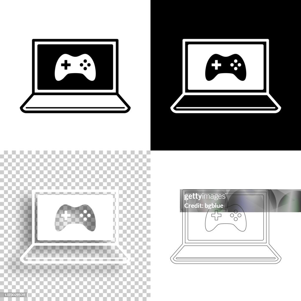 Video game on laptop. Icon for design. Blank, white and black backgrounds - Line icon