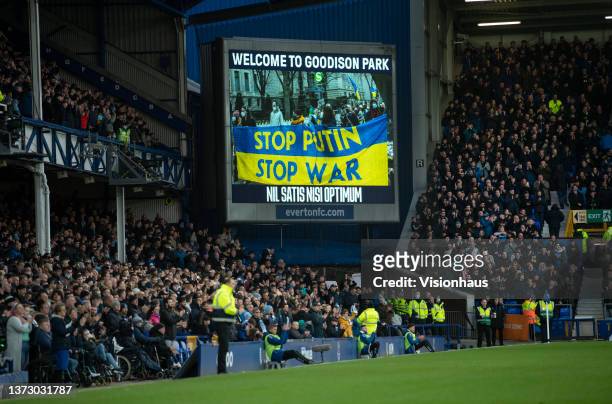 Footage of demonstrations against the Russian invasion of Ukraine shown on the big screen before the Premier League match between Everton and...