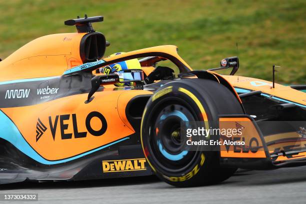 Lando Norris of Great Britain driving the McLaren F1 Team MCL36 Mercedes during Day Three of F1 Testing at Circuit de Barcelona-Catalunya on February...