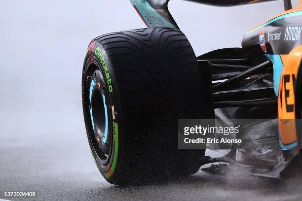 Details of the rain tyre of Daniel Ricciardo of Australia driving the McLaren F1 Team MCL36 Mercedes during Day Three of F1 Testing at Circuit de...
