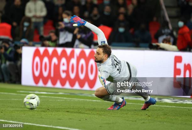 Goalkeeper of PSG Gianluigi Donnarumma concedes a goal during the Ligue 1 Uber Eats match between Paris Saint-Germain and AS Saint-Etienne at Parc...