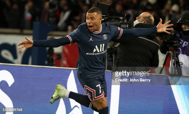 Kylian Mbappe of PSG celebrates his second goal during the Ligue 1 Uber Eats match between Paris Saint-Germain and AS Saint-Etienne at Parc des...