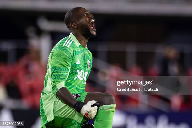 Bill Hamid of D.C. United celebrates after the MLS game against Charlotte FC at Audi Field on February 26, 2022 in Washington, DC.