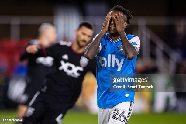 Yordy Reyna of Charlotte FC reacts after missing a chance for a goal against D.C. United during the second half of the MLS game at Audi Field on...