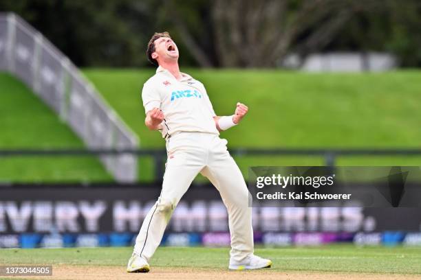 Matt Henry of New Zealand celebrates after dismissing Aiden Markram of South Africa during day three of the Second Test Match in the series between...