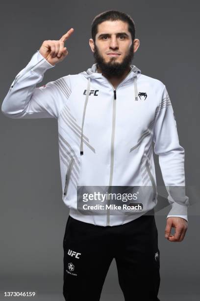 Islam Makhachev of Russia poses for a portrait after his victory during the UFC Fight Night event at UFC APEX on February 26, 2022 in Las Vegas,...