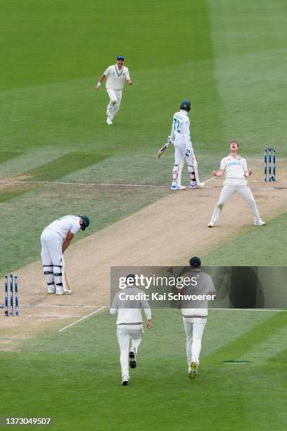 Matt Henry of New Zealand celebrates after dismissing Aiden Markram of South Africa during day three of the Second Test Match in the series between...