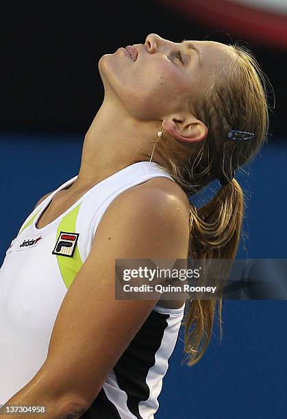 Jelena Dokic of Australia reacts after a shot in her second round match against Marion Bartoli of France during day four of the 2012 Australian Open...