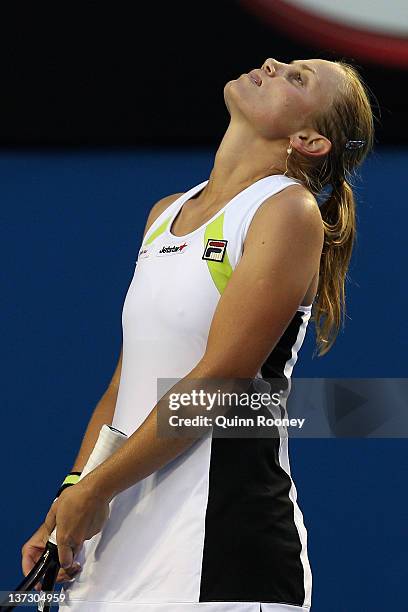 Jelena Dokic of Australia reacts after a shot in her second round match against Marion Bartoli of France during day four of the 2012 Australian Open...