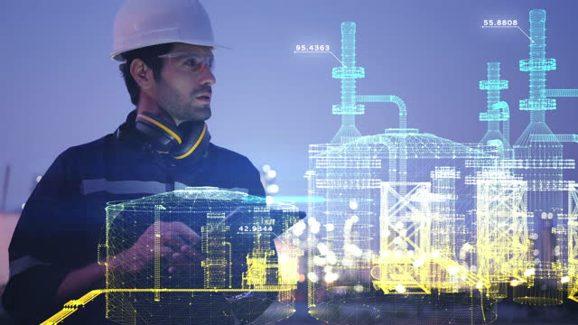 caucasian or middle east petrochem engineer working.Using tablet show oil refinery factory in motion graphic in the air.