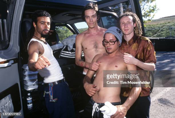 José Pasillas, Brandon Boyd, Ben Kenney, and Mike Einziger of Incubus perform during Live 105's BFD at Shoreline Amphitheatre on June 16, 2000 in...