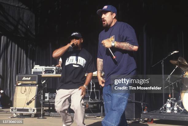 Sen Dog and B-Real of Cypress Hill perform during Live 105's BFD at Shoreline Amphitheatre on June 16, 2000 in Mountain View, California.