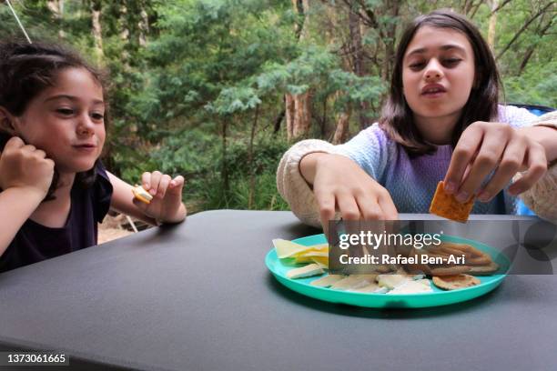 girls eating together cheese and crackers - crackers stock pictures, royalty-free photos & images