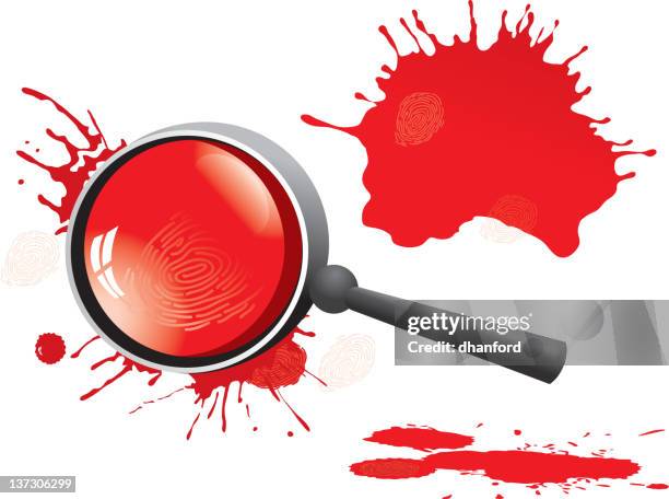 blood splatters, fingerprints and magnifying glass - murder mystery stock illustrations