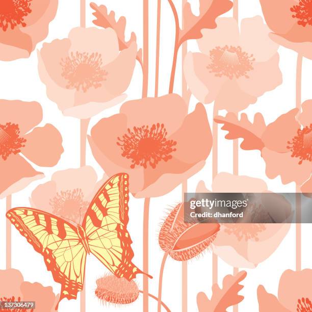 stockillustraties, clipart, cartoons en iconen met poppy seamless pattern with butterfly - oriental poppy