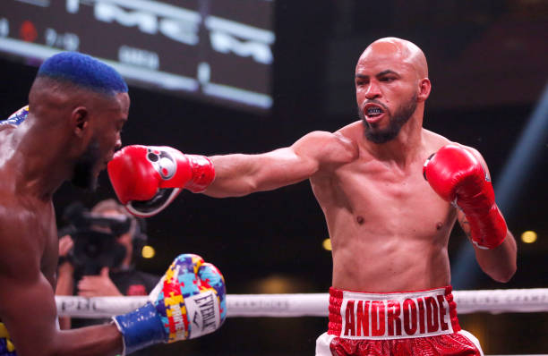Hector Luis Garcia punches Chris Colbert during a super featherweight bout at The Chelsea at The Cosmopolitan of Las Vegas on February 26, 2022 in...
