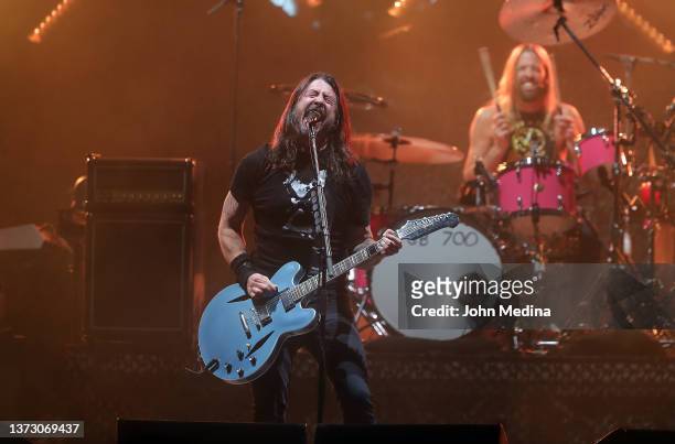 Dave Grohl and Taylor Hawkins of Foo Fighters perform at The Innings Festival 2022 at Tempe Beach Park on February 26, 2022 in Tempe, Arizona.