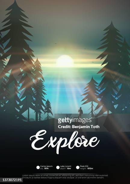 coast with forest and hiker sunset landscape - scandinavian summer stock illustrations
