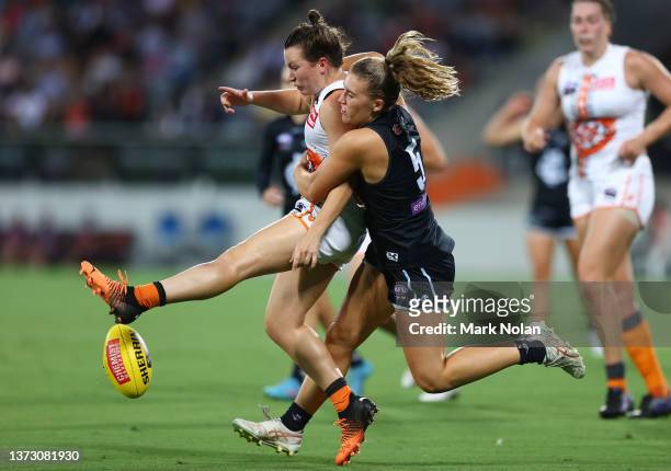 Abbie McKay of Carlton tackles Alyce Parker of the Giants during the round eight AFLW match between the Greater Western Sydney Giants and the Carlton...