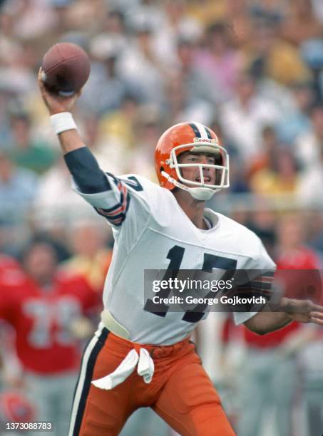 Quarterback Brian Sipe of the Cleveland Browns passes against the Atlanta Falcons during a preseason game at Fawcett Stadium at the Pro Football Hall...