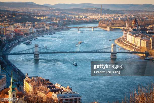 budapest city view from high place - chain bridge suspension bridge stock pictures, royalty-free photos & images