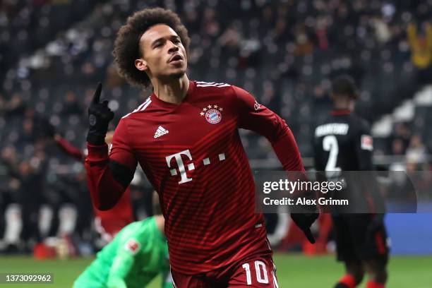 Leroy Sane of Muenchen celebrates his team's first goal during the Bundesliga match between Eintracht Frankfurt and FC Bayern München at Deutsche...