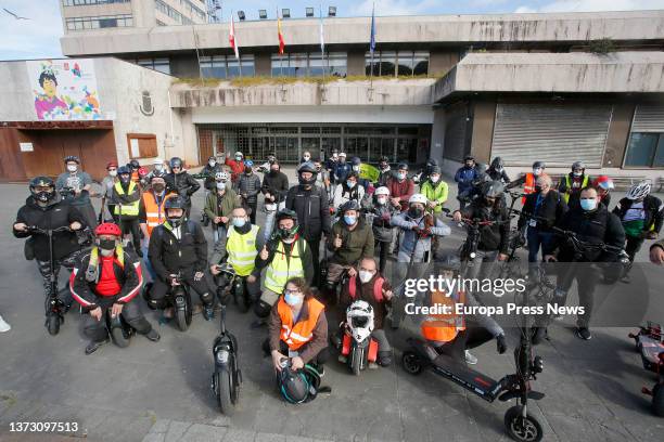 Demonstrators, with their scooters, against the resolution of personal mobility vehicles, in Prazo do Rei, on 27 February, 2022 in Vigo, Pontevedra,...