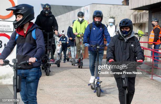 Demonstrators, with their scooters, against the resolution of personal mobility vehicles, in Prazo do Rei, on 27 February, 2022 in Vigo, Pontevedra,...