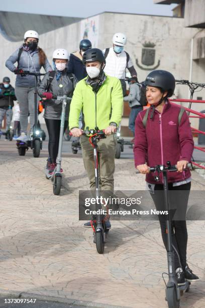 Demonstrators, with their scooters, against the resolution of personal mobility vehicles, in Prazo do Rei, on 27 February, 2022 in Vigo, Pontevedra,...