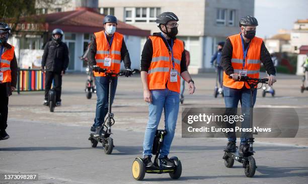 Demonstrators, with their scooters, against the resolution of personal mobility vehicles, in Prazo do Rei, on 27 February, 2022 in Vigo, Pontevedra,...