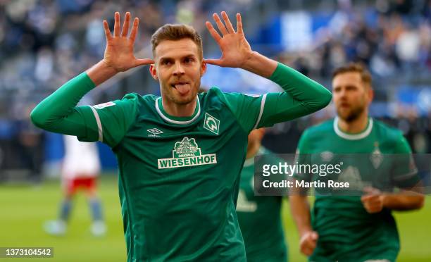 Marvin Ducksch of SV Werder Bremen celebrates after he scores the opening goal by penalty kick during the Second Bundesliga match between Hamburger...