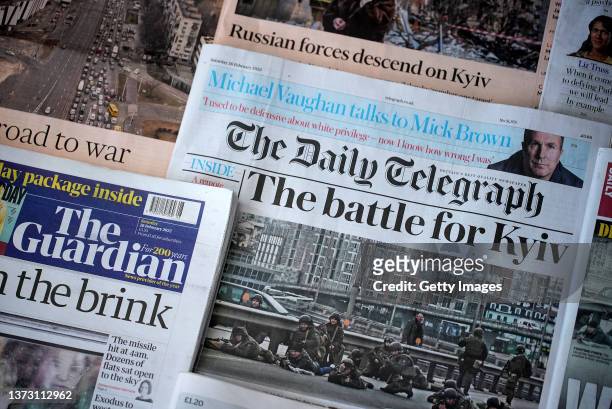 Photo illustration shows the front page of British newspaper The Daily Telegraph, with the headline The battle for Kyiv, on February 27, 2022 in...