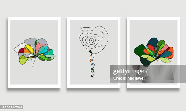 stockillustraties, clipart, cartoons en iconen met vector modern line flower posters set hand drawn colorful floral wall art and postcards minimalist banners background collection - paisley pattern