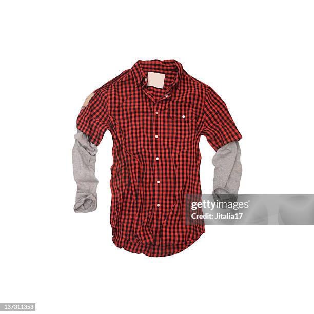 red checkered 'twofer' shirt on white background - red shirt stockfoto's en -beelden