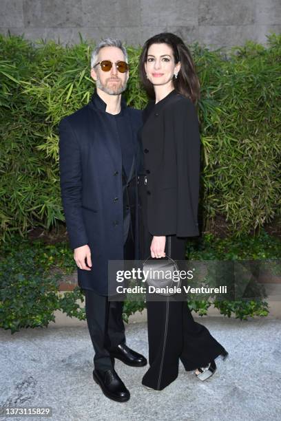 Adam Shulman and Anne Hathaway are seen on the front row of the Giorgio Armani fashion show during the Milan Fashion Week Fall/Winter 2022/2023 on...