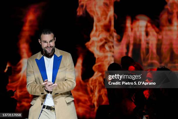 Designer Philipp Plein walks the runway at the end of the Philipp Plein Fashion Show during the Milan Fashion Week Fall/Winter 2022/2023 at on...