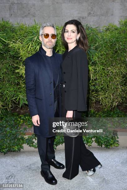 Adam Shulman and Anne Hathaway are seen on the front row of the Giorgio Armani fashion show during the Milan Fashion Week Fall/Winter 2022/2023 on...