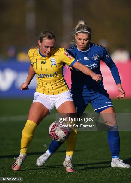 Birmingham player Libby Smith holds off the challenge of Becky Salicki of Durham during the Vitality Women's FA Cup Fifth Round match between Durham...