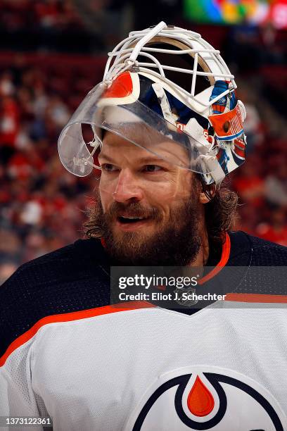 Goaltender Mike Smith of the Edmonton Oilers on the ice for warm-ups prior to the start of the game against the Florida Panthers at the FLA Live...