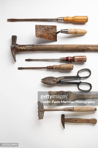 close-up of various hand tools against white background - gardening equipment white background stock pictures, royalty-free photos & images