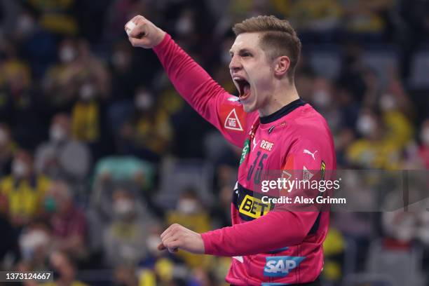 Goalkeeper Joel Birlehm of Rhein-Neckar Loewen celebreates after making a save during the LIQUI MOLY HBL match between Rhein-Neckar Löwen and HSG...